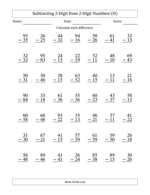 The Subtracting 2-Digit from 2-Digit Numbers With Some Regrouping (49 Questions) (H) Math Worksheet