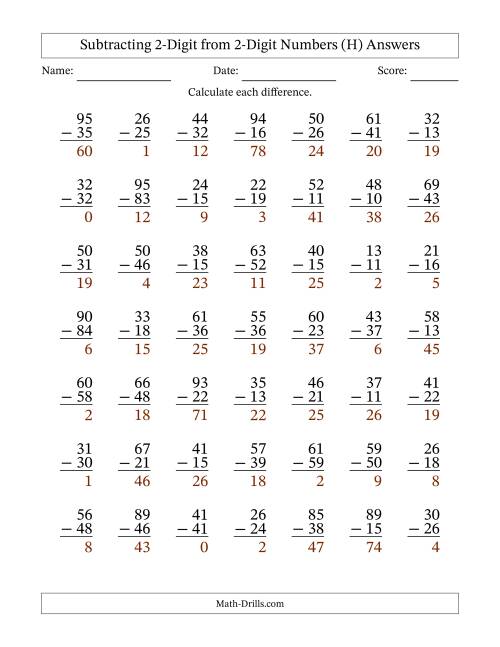 The Subtracting 2-Digit from 2-Digit Numbers With Some Regrouping (49 Questions) (H) Math Worksheet Page 2