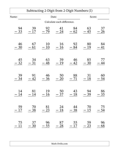 The Subtracting 2-Digit from 2-Digit Numbers With Some Regrouping (49 Questions) (I) Math Worksheet