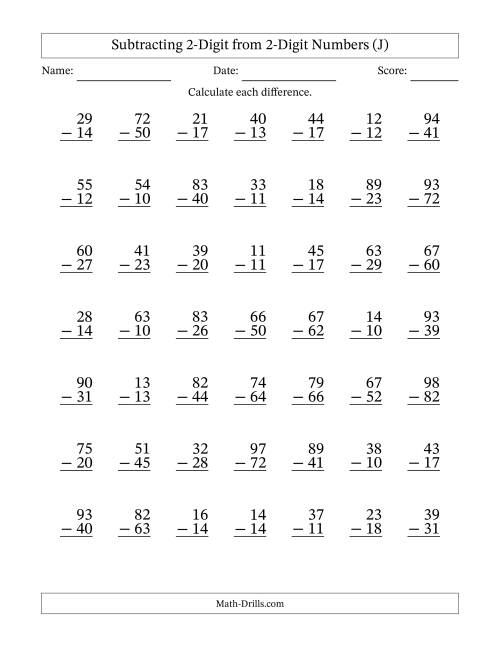 The Subtracting 2-Digit from 2-Digit Numbers With Some Regrouping (49 Questions) (J) Math Worksheet