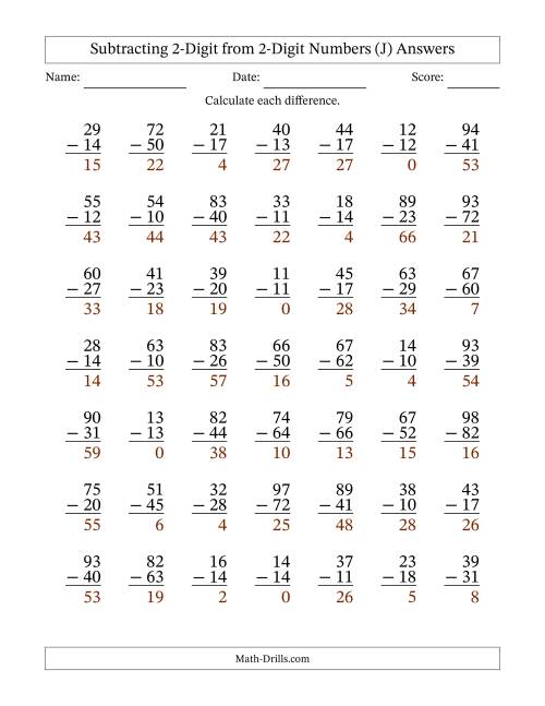 The Subtracting 2-Digit from 2-Digit Numbers With Some Regrouping (49 Questions) (J) Math Worksheet Page 2