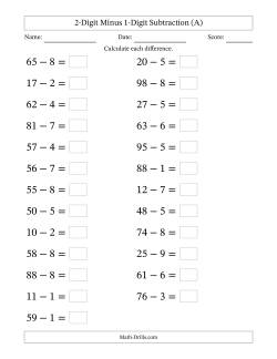 Horizontally Arranged Two-Digit Minus One-Digit Subtraction(25 Questions; Large Print)