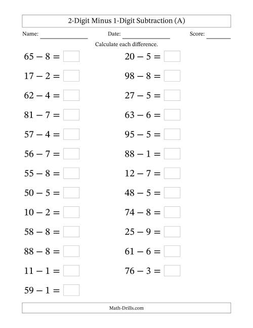 The Horizontally Arranged Two-Digit Minus One-Digit Subtraction(25 Questions; Large Print) (A) Math Worksheet