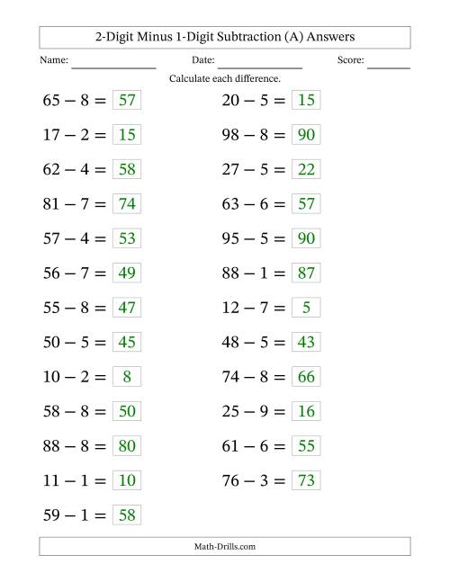The Horizontally Arranged Two-Digit Minus One-Digit Subtraction(25 Questions; Large Print) (A) Math Worksheet Page 2