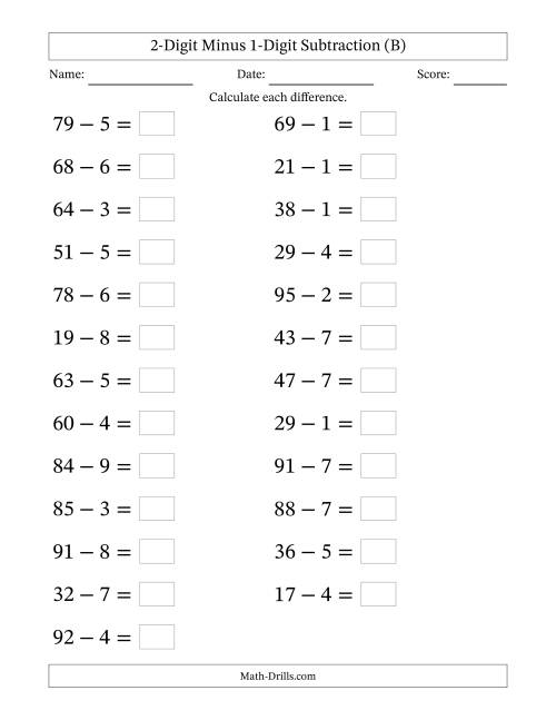 The Horizontally Arranged Two-Digit Minus One-Digit Subtraction(25 Questions; Large Print) (B) Math Worksheet
