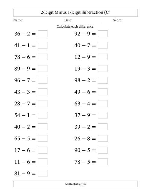 The Horizontally Arranged Two-Digit Minus One-Digit Subtraction(25 Questions; Large Print) (C) Math Worksheet