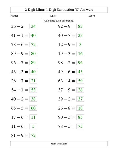 The Horizontally Arranged Two-Digit Minus One-Digit Subtraction(25 Questions; Large Print) (C) Math Worksheet Page 2