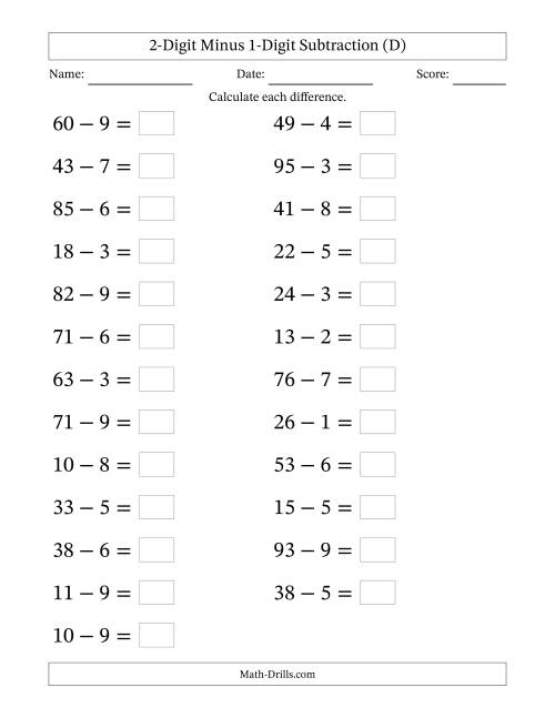 The Horizontally Arranged Two-Digit Minus One-Digit Subtraction(25 Questions; Large Print) (D) Math Worksheet
