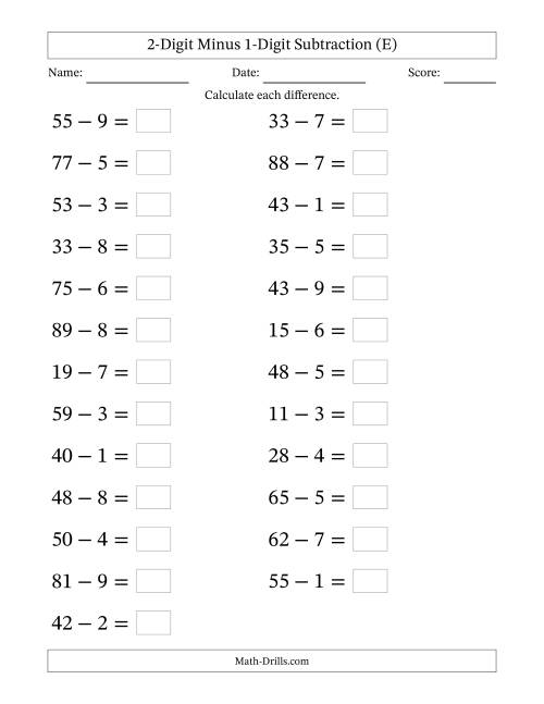 The Horizontally Arranged Two-Digit Minus One-Digit Subtraction(25 Questions; Large Print) (E) Math Worksheet