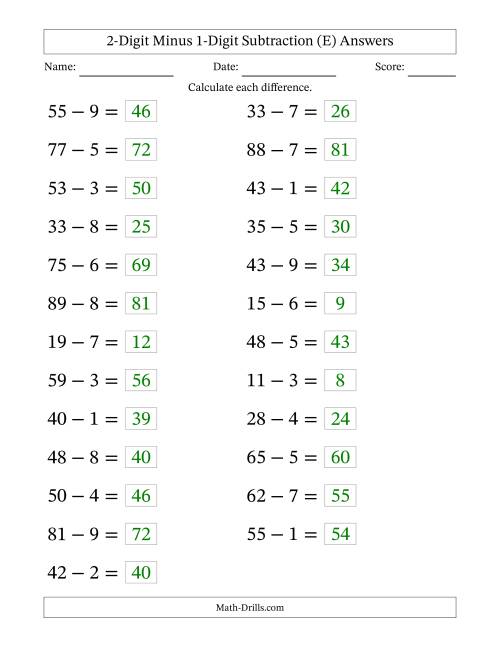 The Horizontally Arranged Two-Digit Minus One-Digit Subtraction(25 Questions; Large Print) (E) Math Worksheet Page 2
