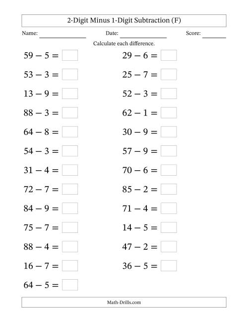 The Horizontally Arranged Two-Digit Minus One-Digit Subtraction(25 Questions; Large Print) (F) Math Worksheet