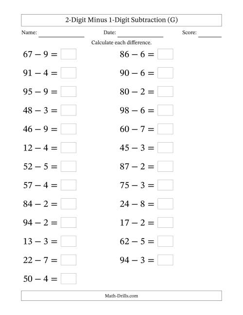 The Horizontally Arranged Two-Digit Minus One-Digit Subtraction(25 Questions; Large Print) (G) Math Worksheet