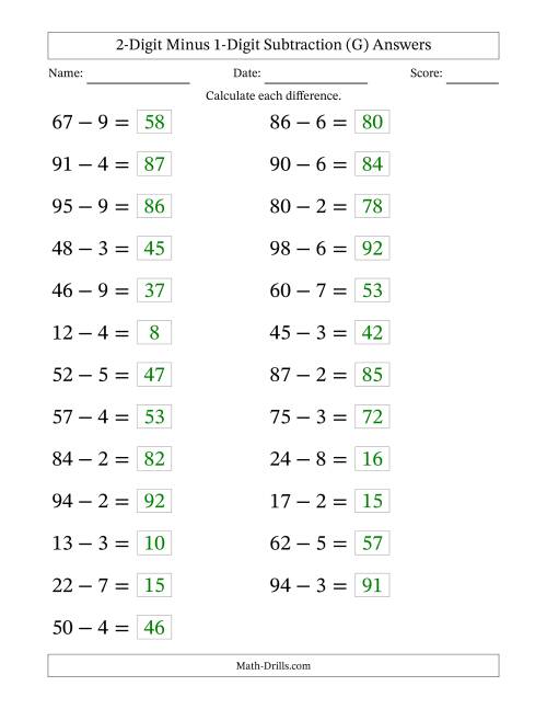 The Horizontally Arranged Two-Digit Minus One-Digit Subtraction(25 Questions; Large Print) (G) Math Worksheet Page 2