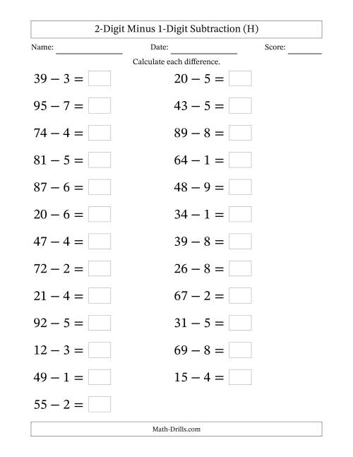 The Horizontally Arranged Two-Digit Minus One-Digit Subtraction(25 Questions; Large Print) (H) Math Worksheet