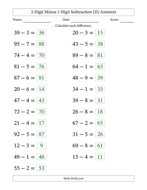 The Horizontally Arranged Two-Digit Minus One-Digit Subtraction(25 Questions; Large Print) (H) Math Worksheet Page 2