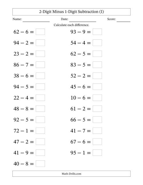 The Horizontally Arranged Two-Digit Minus One-Digit Subtraction(25 Questions; Large Print) (I) Math Worksheet
