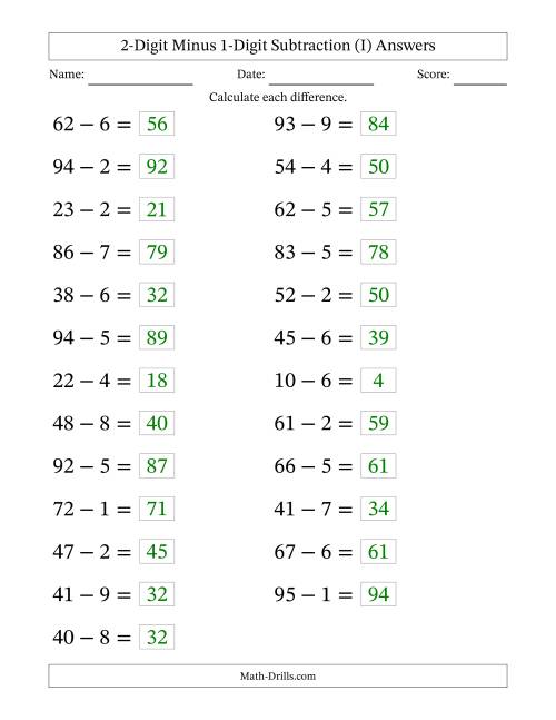 The Horizontally Arranged Two-Digit Minus One-Digit Subtraction(25 Questions; Large Print) (I) Math Worksheet Page 2
