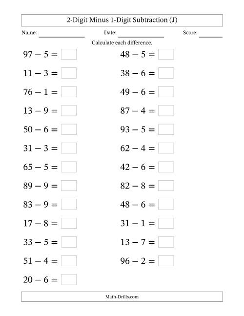 The Horizontally Arranged Two-Digit Minus One-Digit Subtraction(25 Questions; Large Print) (J) Math Worksheet