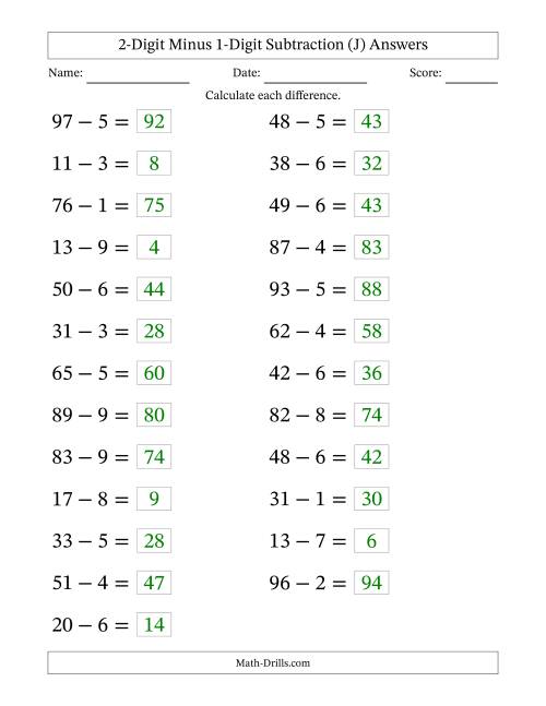 The Horizontally Arranged Two-Digit Minus One-Digit Subtraction(25 Questions; Large Print) (J) Math Worksheet Page 2