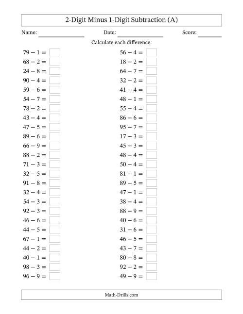 The Horizontally Arranged Two-Digit Minus One-Digit Subtraction(50 Questions) (A) Math Worksheet