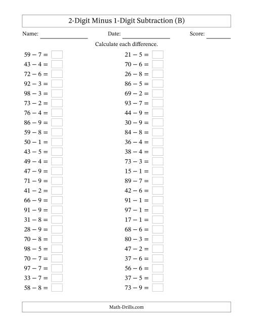 The Horizontally Arranged Two-Digit Minus One-Digit Subtraction(50 Questions) (B) Math Worksheet