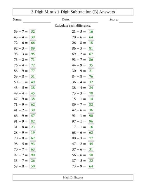 The Horizontally Arranged Two-Digit Minus One-Digit Subtraction(50 Questions) (B) Math Worksheet Page 2