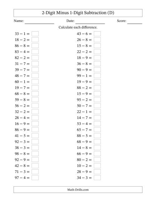 The Horizontally Arranged Two-Digit Minus One-Digit Subtraction(50 Questions) (D) Math Worksheet
