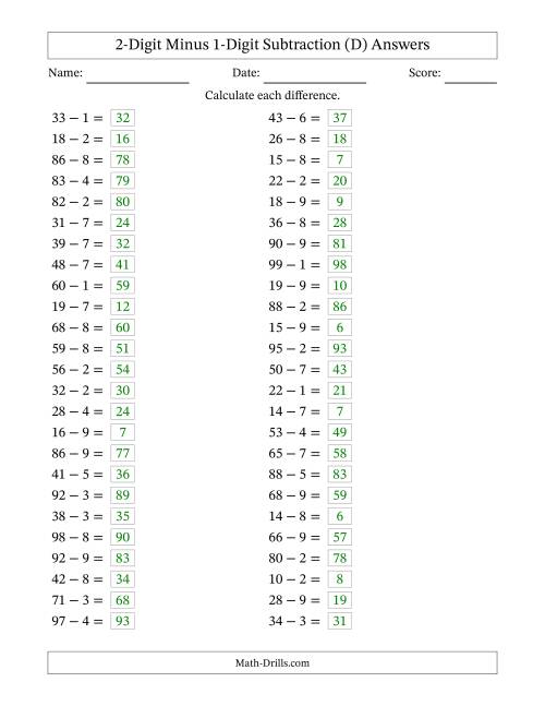 The Horizontally Arranged Two-Digit Minus One-Digit Subtraction(50 Questions) (D) Math Worksheet Page 2