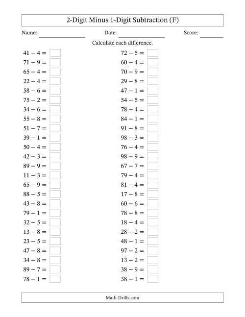 The Horizontally Arranged Two-Digit Minus One-Digit Subtraction(50 Questions) (F) Math Worksheet