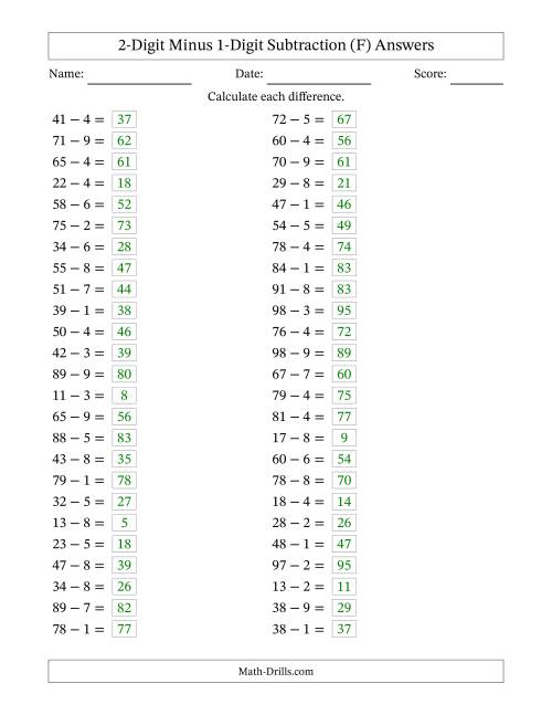 The Horizontally Arranged Two-Digit Minus One-Digit Subtraction(50 Questions) (F) Math Worksheet Page 2