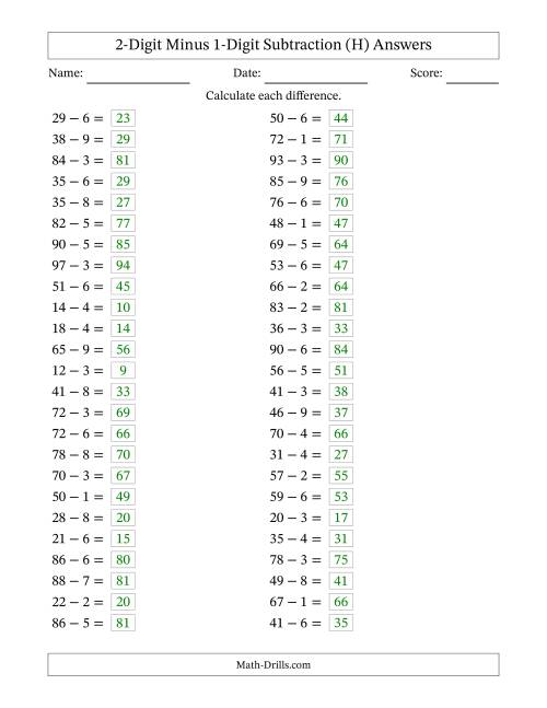 The Horizontally Arranged Two-Digit Minus One-Digit Subtraction(50 Questions) (H) Math Worksheet Page 2