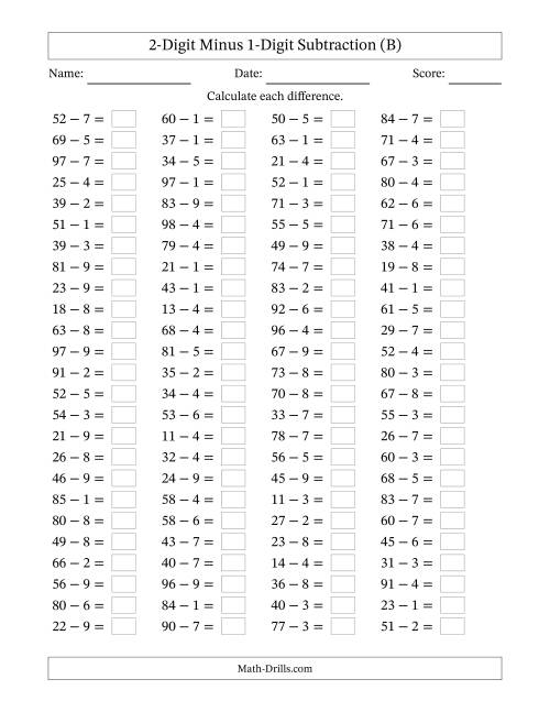 The Horizontally Arranged Two-Digit Minus One-Digit Subtraction(100 Questions) (B) Math Worksheet