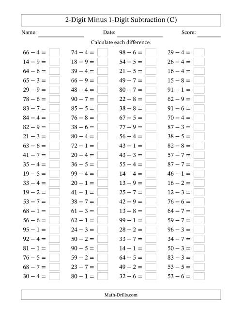 The Horizontally Arranged Two-Digit Minus One-Digit Subtraction(100 Questions) (C) Math Worksheet