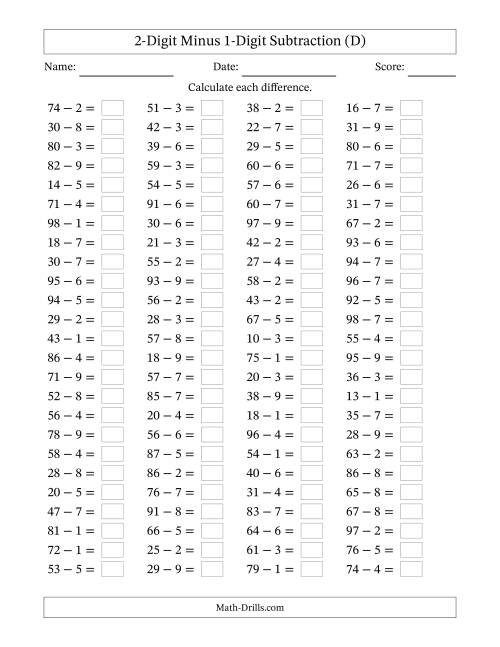 The Horizontally Arranged Two-Digit Minus One-Digit Subtraction(100 Questions) (D) Math Worksheet