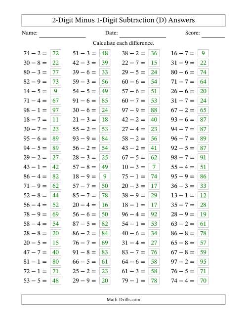 The Horizontally Arranged Two-Digit Minus One-Digit Subtraction(100 Questions) (D) Math Worksheet Page 2