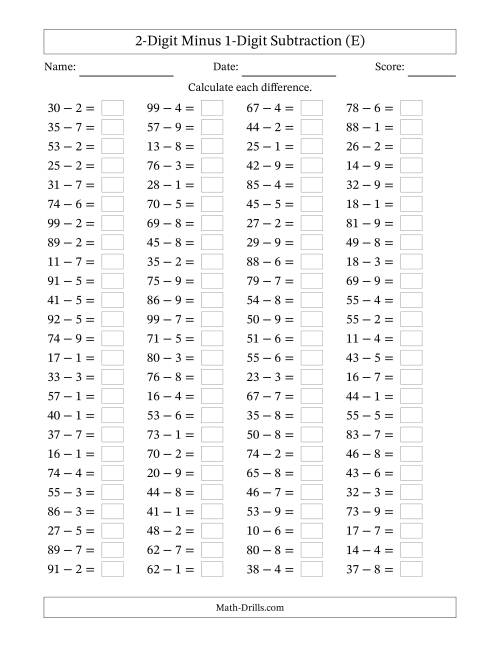 The Horizontally Arranged Two-Digit Minus One-Digit Subtraction(100 Questions) (E) Math Worksheet