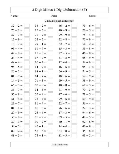The Horizontally Arranged Two-Digit Minus One-Digit Subtraction(100 Questions) (F) Math Worksheet