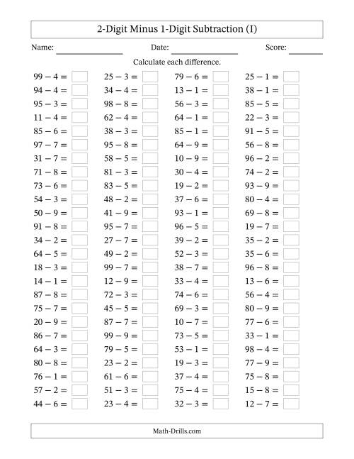 The Horizontally Arranged Two-Digit Minus One-Digit Subtraction(100 Questions) (I) Math Worksheet