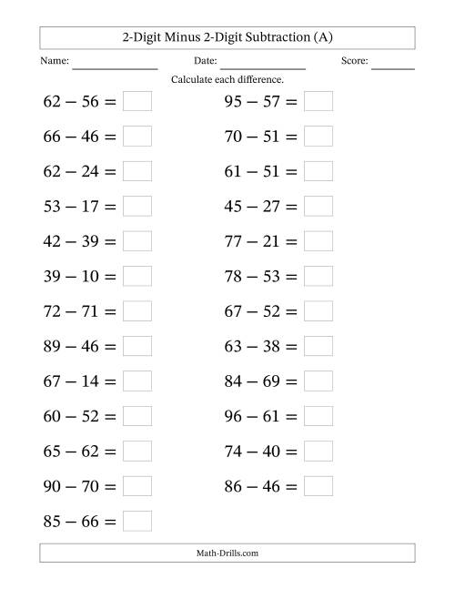 The Horizontally Arranged Two-Digit Minus Two-Digit Subtraction(25 Questions; Large Print) (A) Math Worksheet