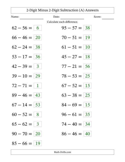 The Horizontally Arranged Two-Digit Minus Two-Digit Subtraction(25 Questions; Large Print) (A) Math Worksheet Page 2