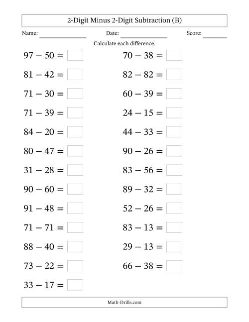 The Horizontally Arranged Two-Digit Minus Two-Digit Subtraction(25 Questions; Large Print) (B) Math Worksheet