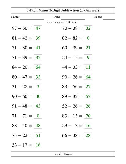 The Horizontally Arranged Two-Digit Minus Two-Digit Subtraction(25 Questions; Large Print) (B) Math Worksheet Page 2