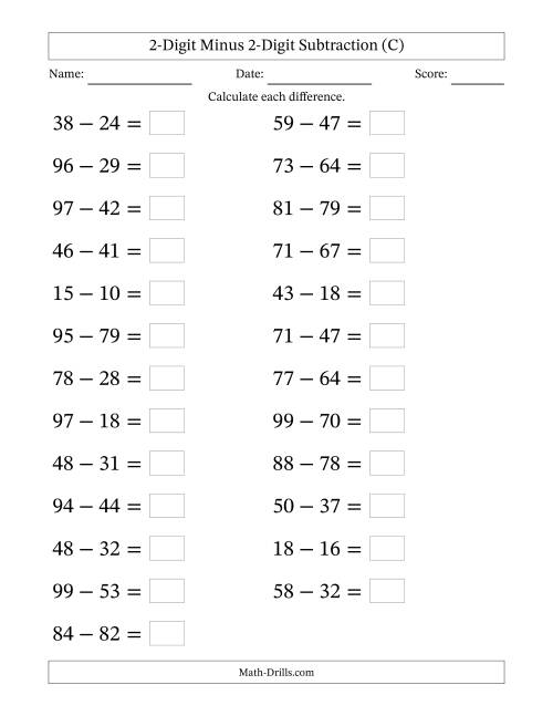 The Horizontally Arranged Two-Digit Minus Two-Digit Subtraction(25 Questions; Large Print) (C) Math Worksheet