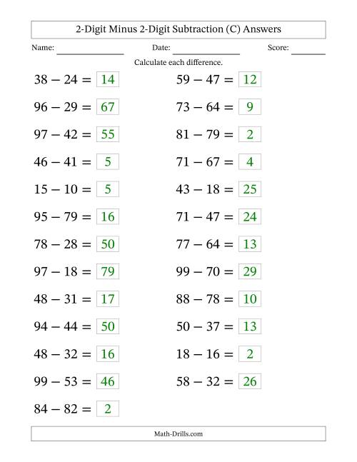 The Horizontally Arranged Two-Digit Minus Two-Digit Subtraction(25 Questions; Large Print) (C) Math Worksheet Page 2