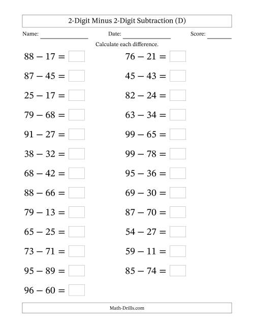 The Horizontally Arranged Two-Digit Minus Two-Digit Subtraction(25 Questions; Large Print) (D) Math Worksheet