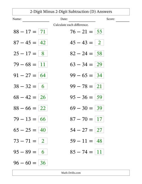 The Horizontally Arranged Two-Digit Minus Two-Digit Subtraction(25 Questions; Large Print) (D) Math Worksheet Page 2
