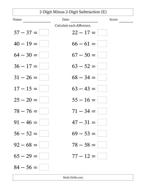 The Horizontally Arranged Two-Digit Minus Two-Digit Subtraction(25 Questions; Large Print) (E) Math Worksheet