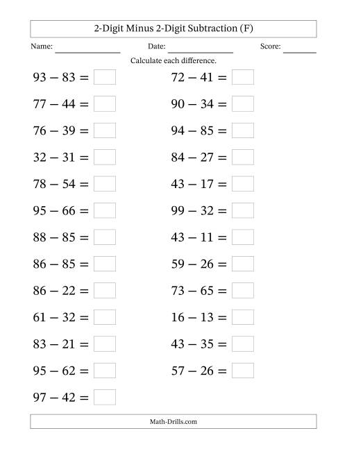 The Horizontally Arranged Two-Digit Minus Two-Digit Subtraction(25 Questions; Large Print) (F) Math Worksheet