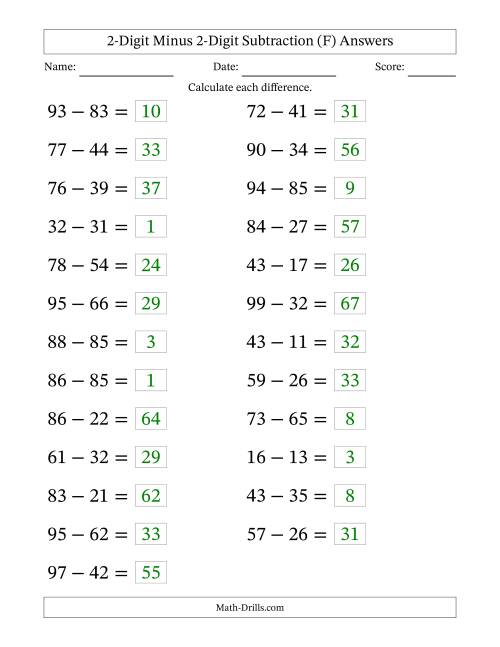 The Horizontally Arranged Two-Digit Minus Two-Digit Subtraction(25 Questions; Large Print) (F) Math Worksheet Page 2