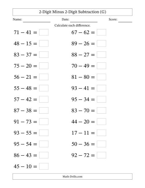 The Horizontally Arranged Two-Digit Minus Two-Digit Subtraction(25 Questions; Large Print) (G) Math Worksheet